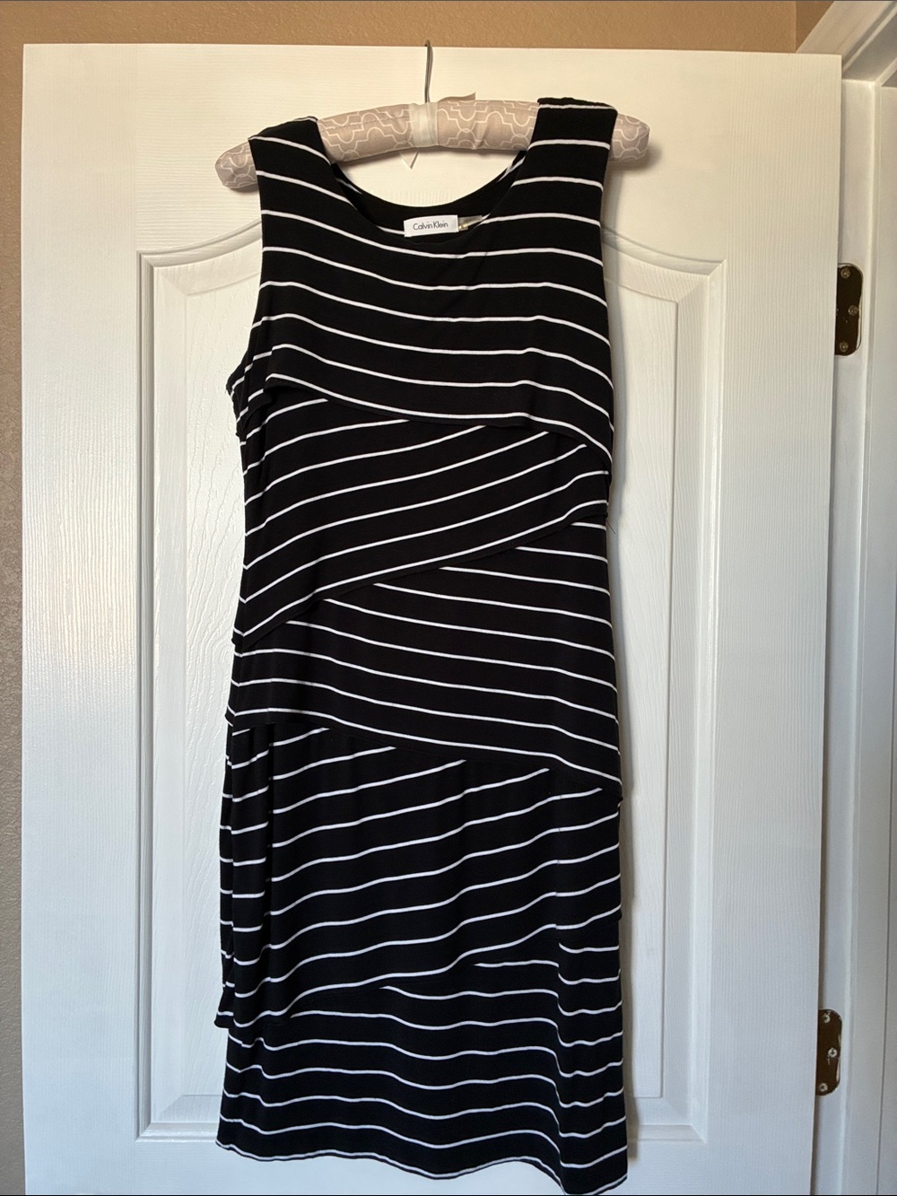 Calvin Klein Black and White Striped Midi Dress